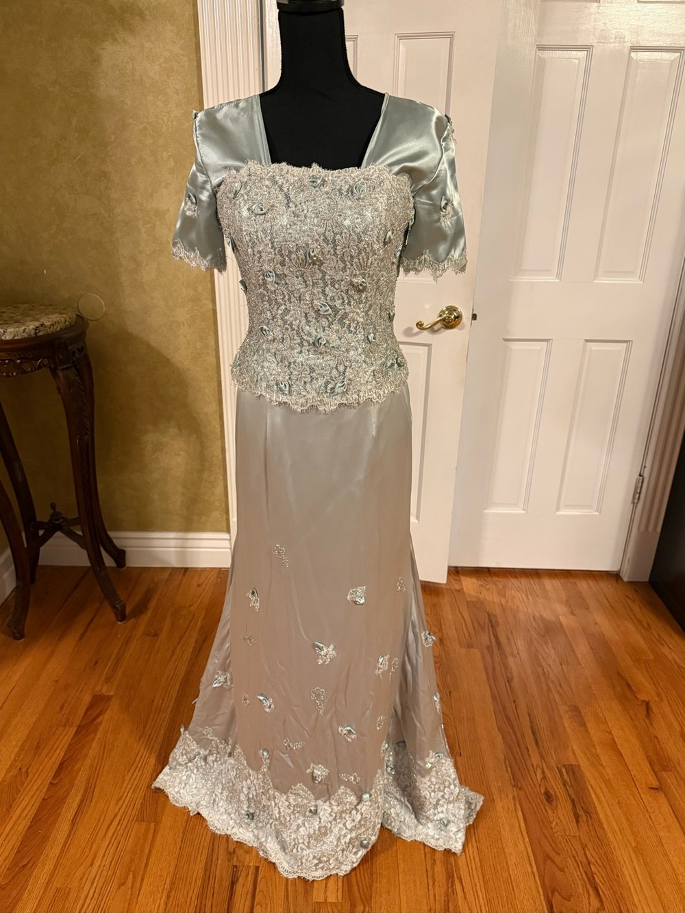 VINTAGE Terani Couture Silk Dress in Pale Blue and Silver